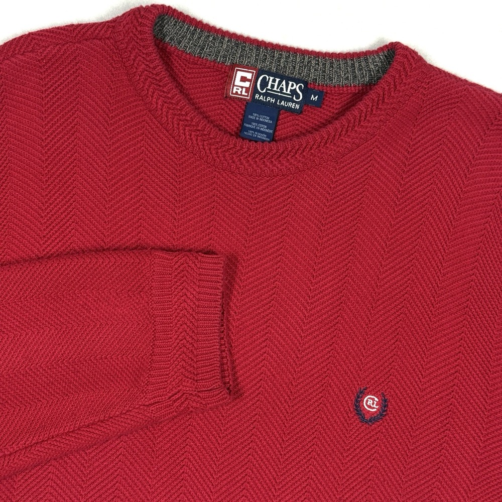 Vintage Chaps Ralph Lauren Sweater Mens‎ Medium Logo Herringbone Cotton Knit Red
